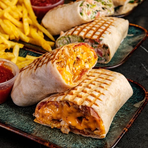 Three grilled wraps, one cut open to show melted cheese and fillings, with fries and ketchup.