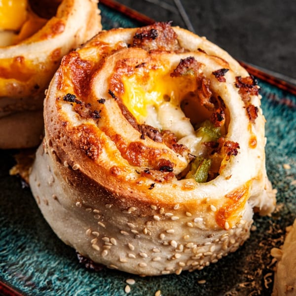 Close-up of a golden-brown pizza pinwheel with melted cheese, sausage, and green peppers.