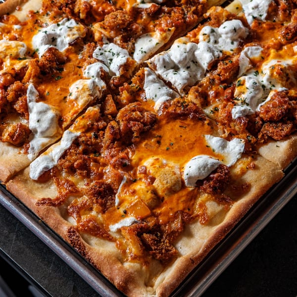 Close-up of a Pizza One square pizza with orange sauce, crumbled sausage, and dollops of ricotta.