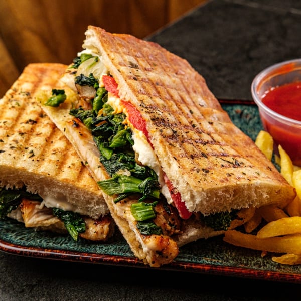 Grilled chicken panini with spinach, red peppers, and cheese, served with fries and ketchup.