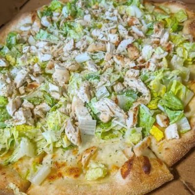 Caesar Salad Pizza with Grilled Chicken.