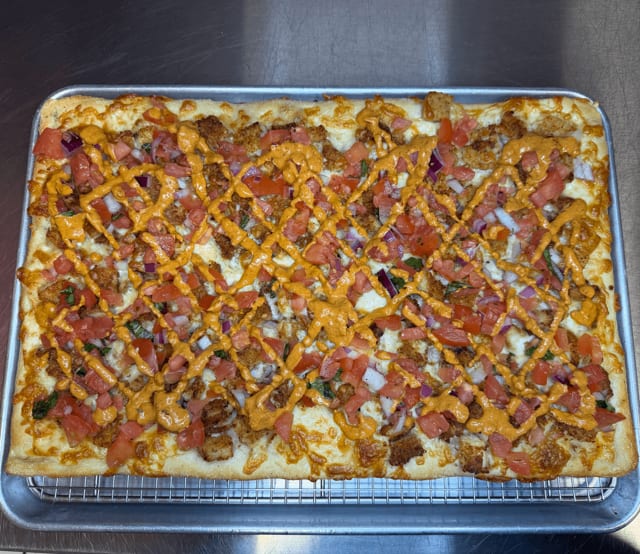 Grandma Chicken Bruschetta Pizza with Chipotle Sauce.