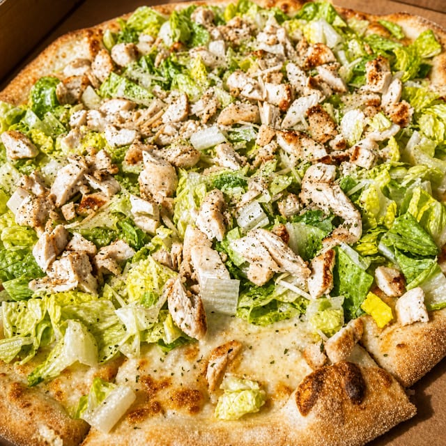 Caesar Salad Pizza with Grilled Chicken.