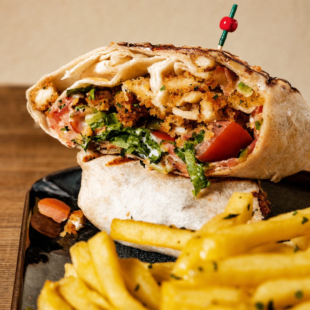 Chicken Ranch Wrap with Fries.